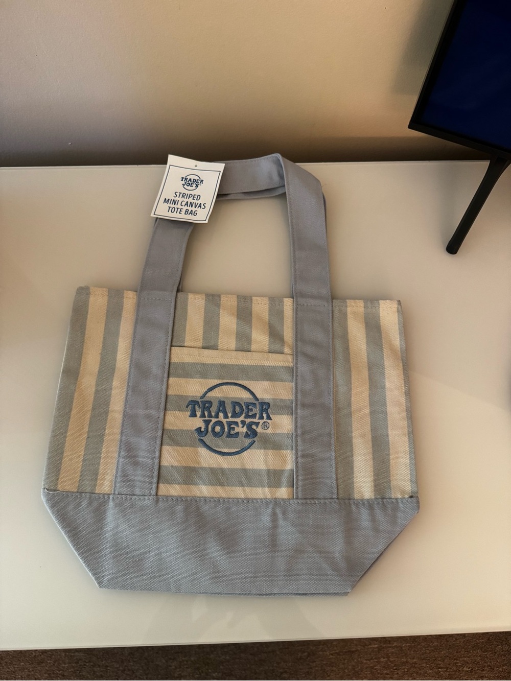 Trader Joe's Light Blue and Cream Striped Canvas Tote